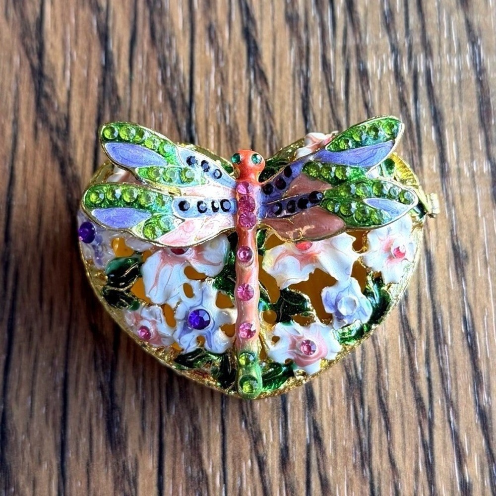 Dragonfly Heart Enamel Trinket Box Hinged Mini Jewelry Box 2.5"